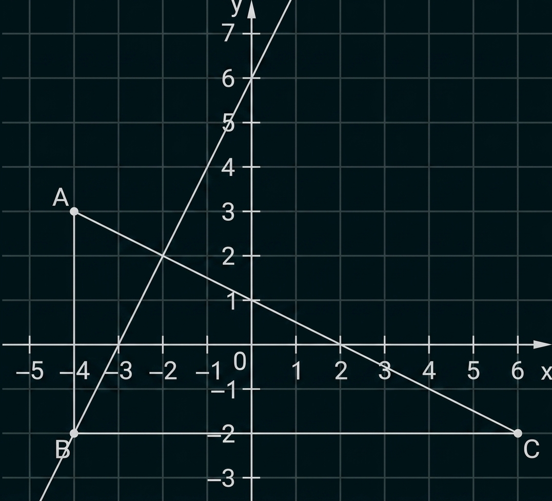Koordinatensystem mit zwei Geraden und markierten Punkten A, B und C.